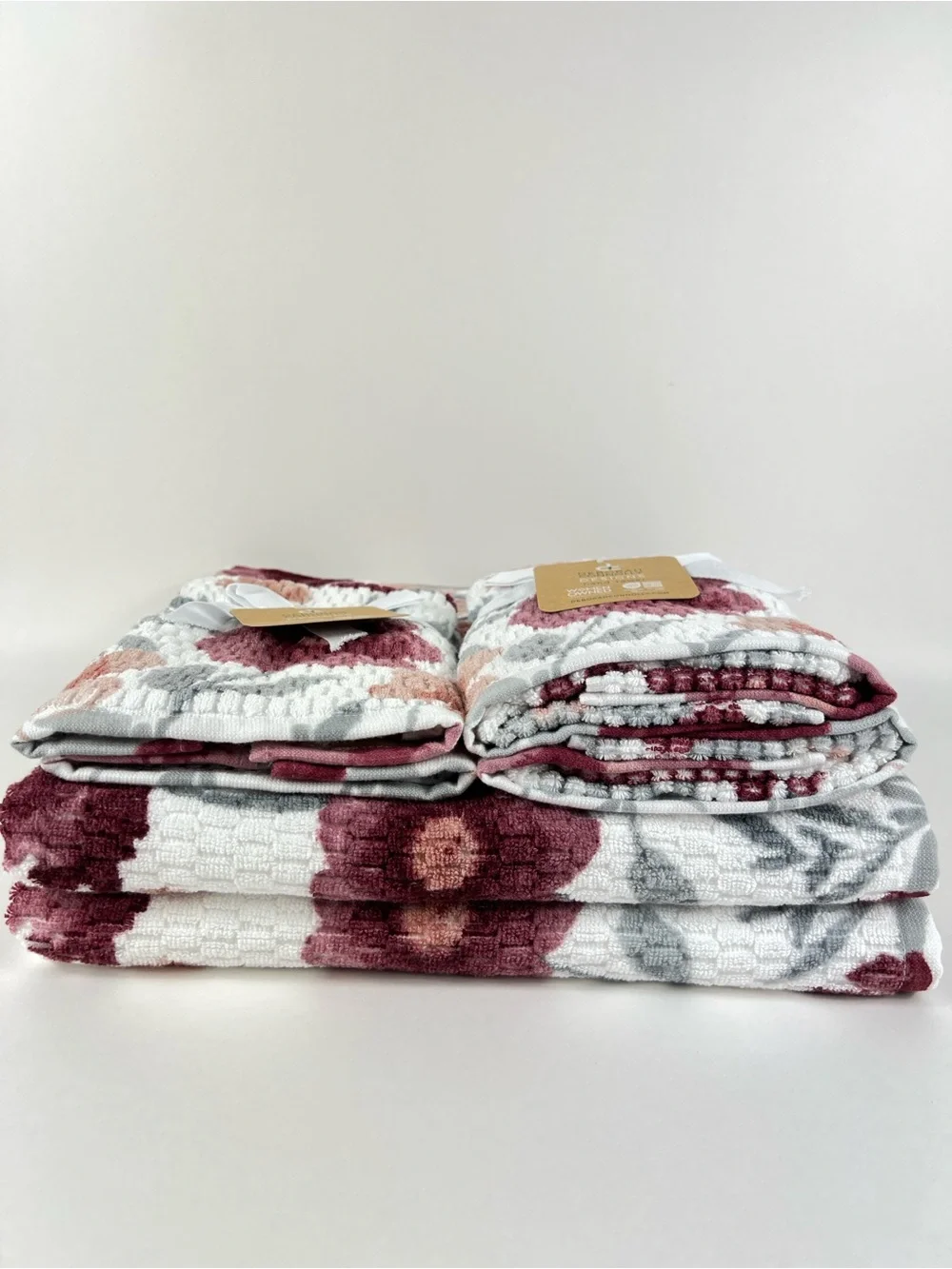 Deborah Connolly Bath Towel Set Burgundy Gray White Floral Extra Soft 6 Pc NEW